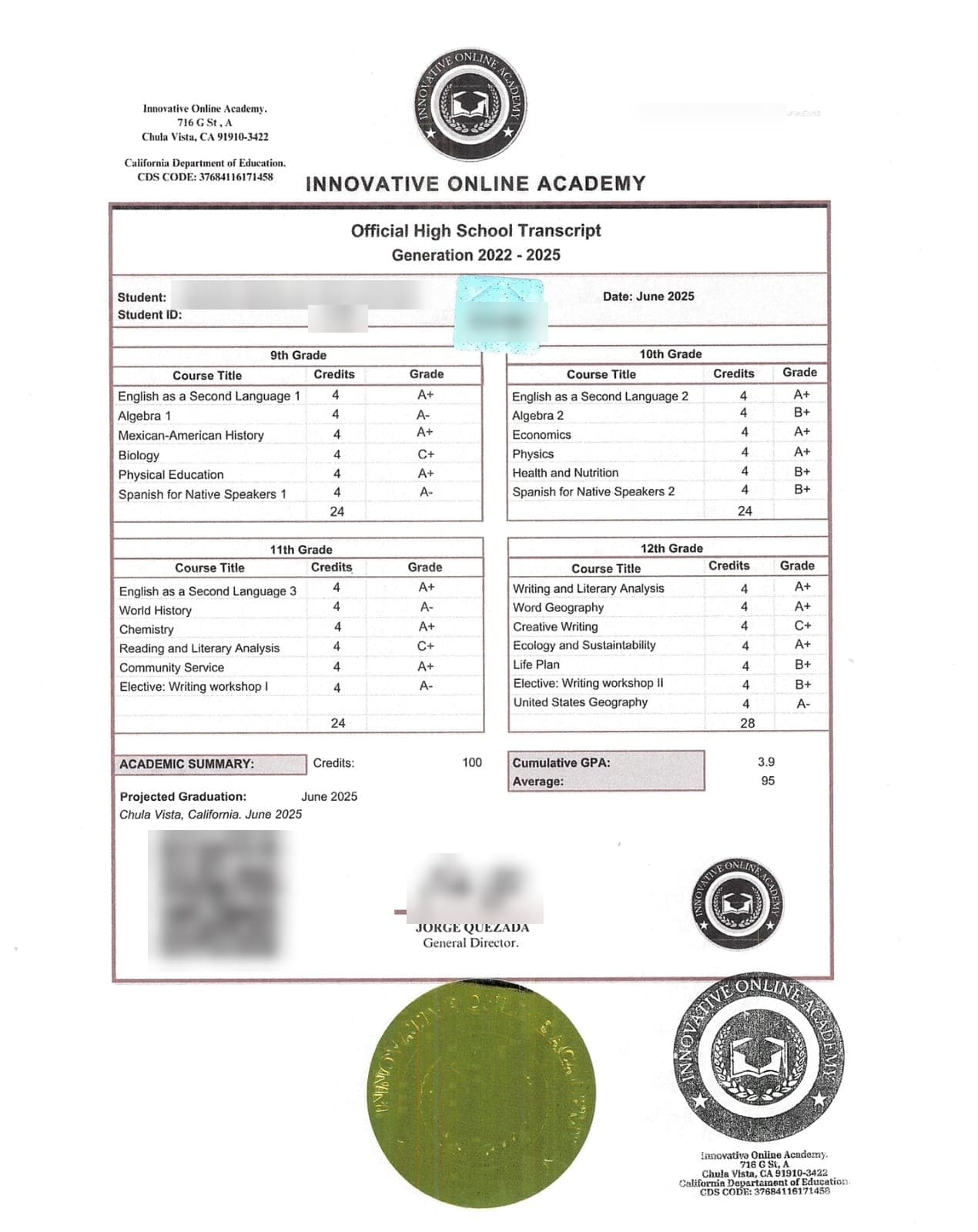 Transcript oficial de High School reconocido en el sistema educativo de California. Los datos personales del titular aparecen difuminados.
